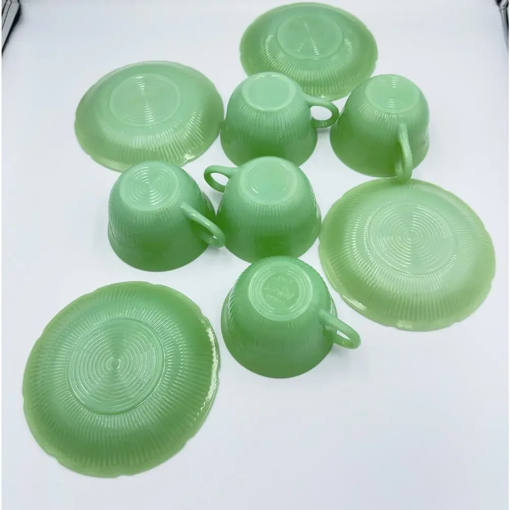 Anchor Hocking Fire King ALICE Jadeite Coffee Tea Cup & Saucer 9pc Lot